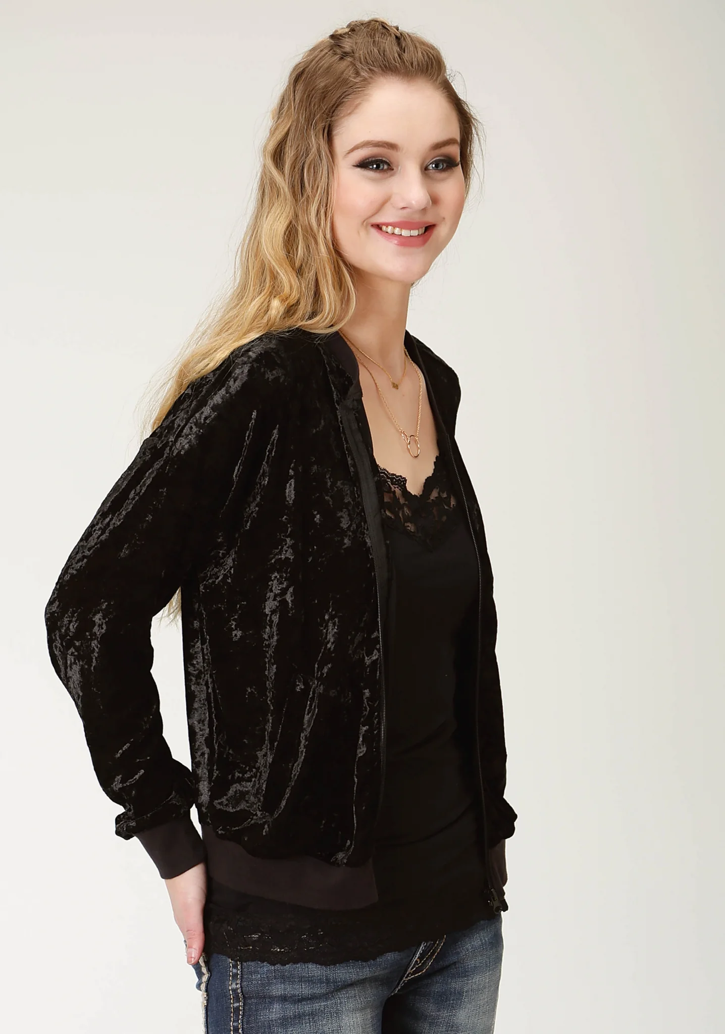 Roper Crushed Velvet Bomber Jacket- Ladies-Black