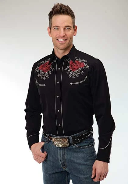 Roper Old West Mens Rose & Skull Embroidery Long Sleeve Snap Shirt