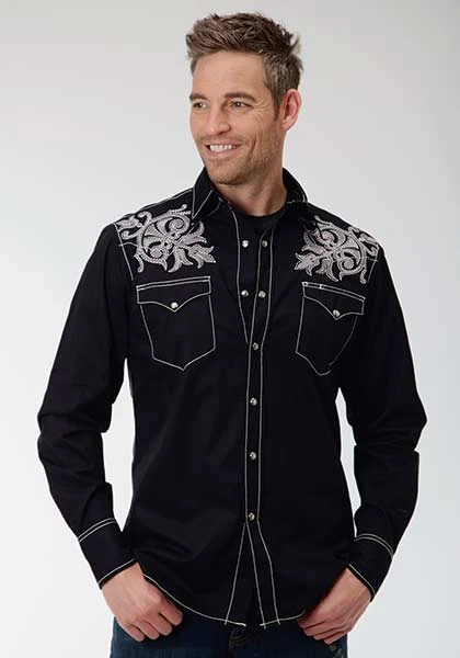 Roper Performance Mens Yarn Dyed Poplin Long Sleeve Pearl Snap Shirt - Black