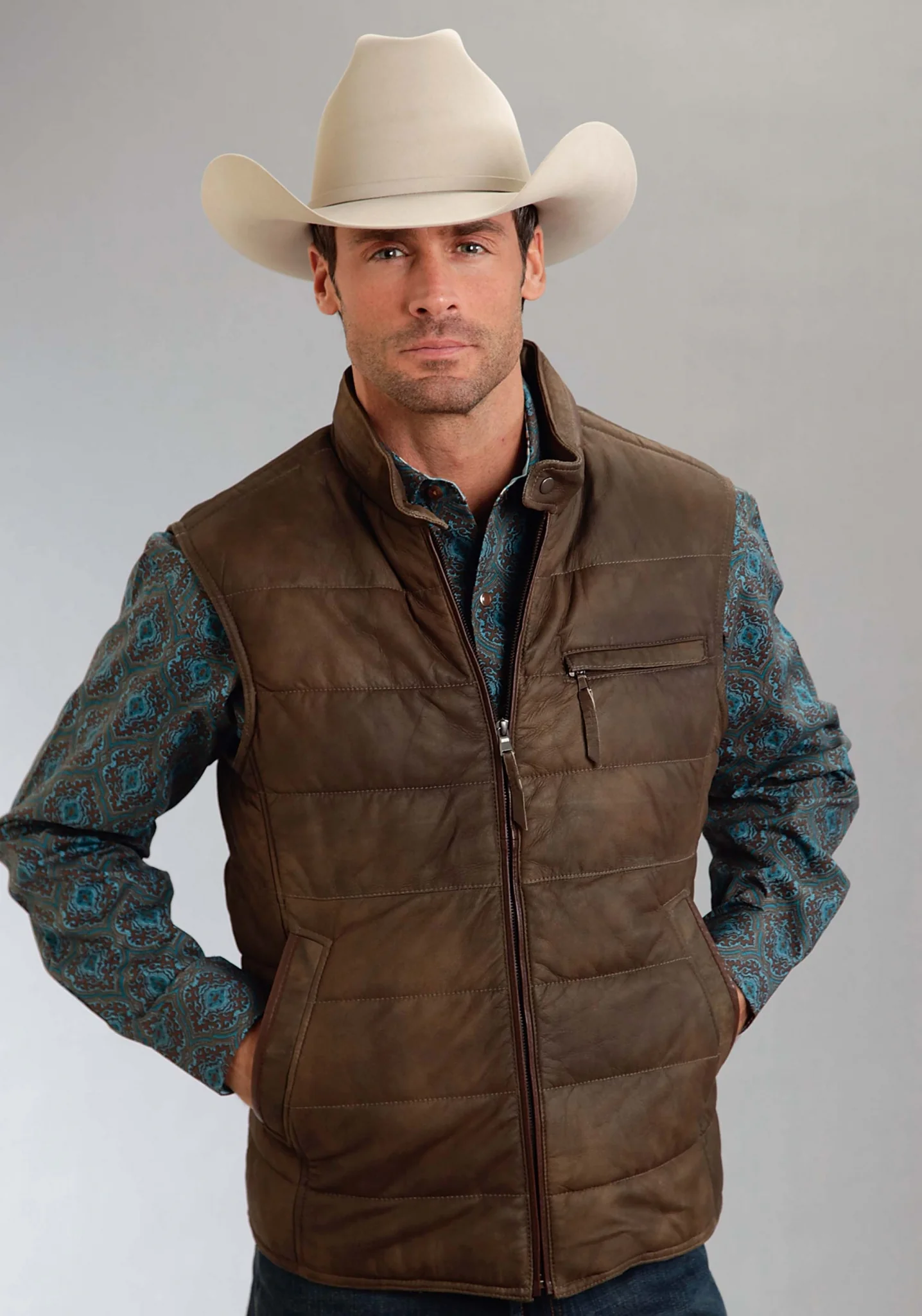 Stetson Leather Puffy Vest - Mens - Brown
