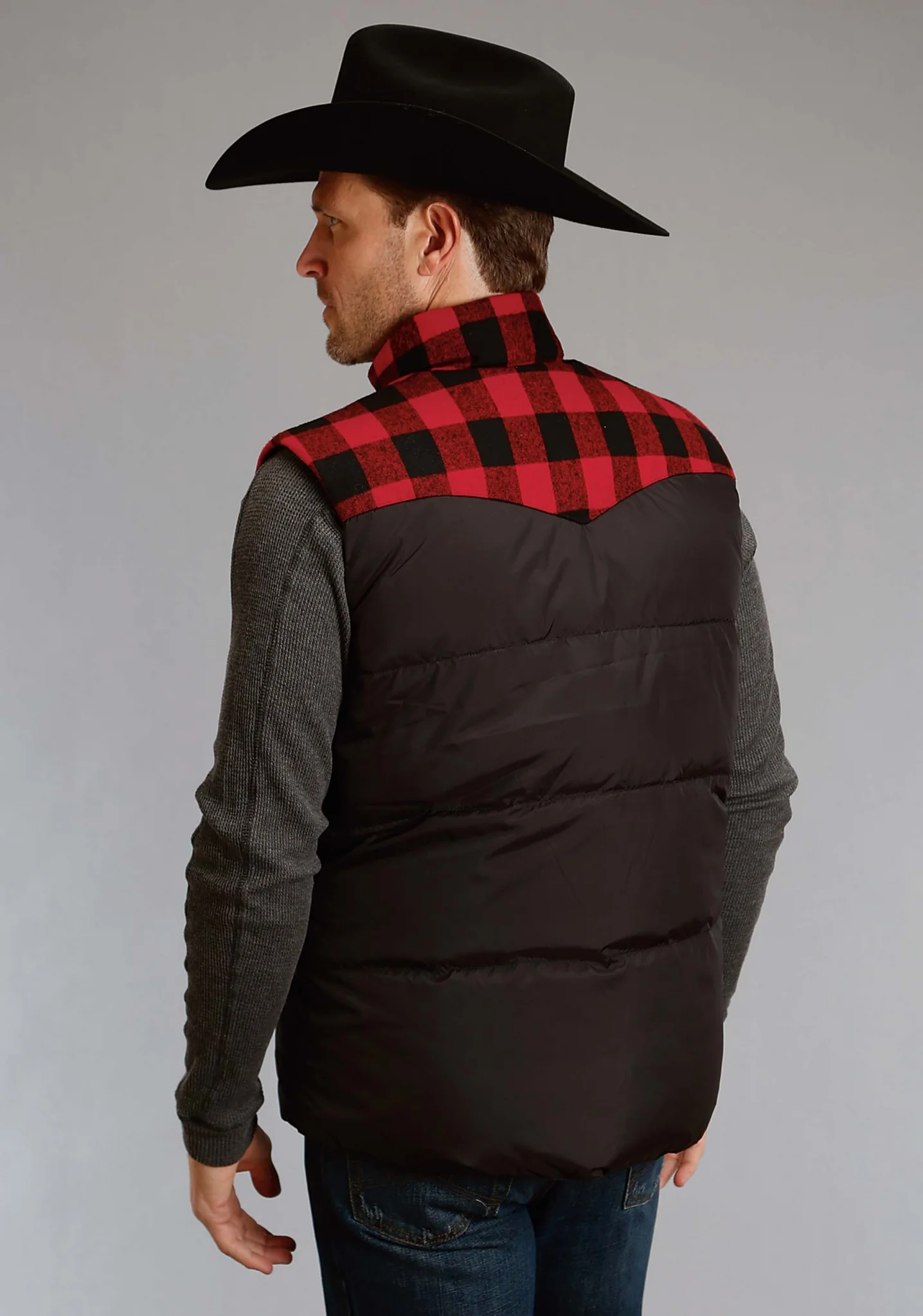 Stetson Nylon Quilted Vest - Mens - Black - Red Plaid Yoke - Image 2