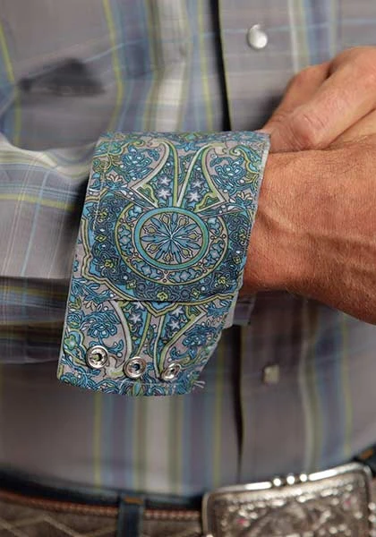 Stetson Mens Summer III Mineral Plaid Long Sleeve Snap Shirt - Image 3
