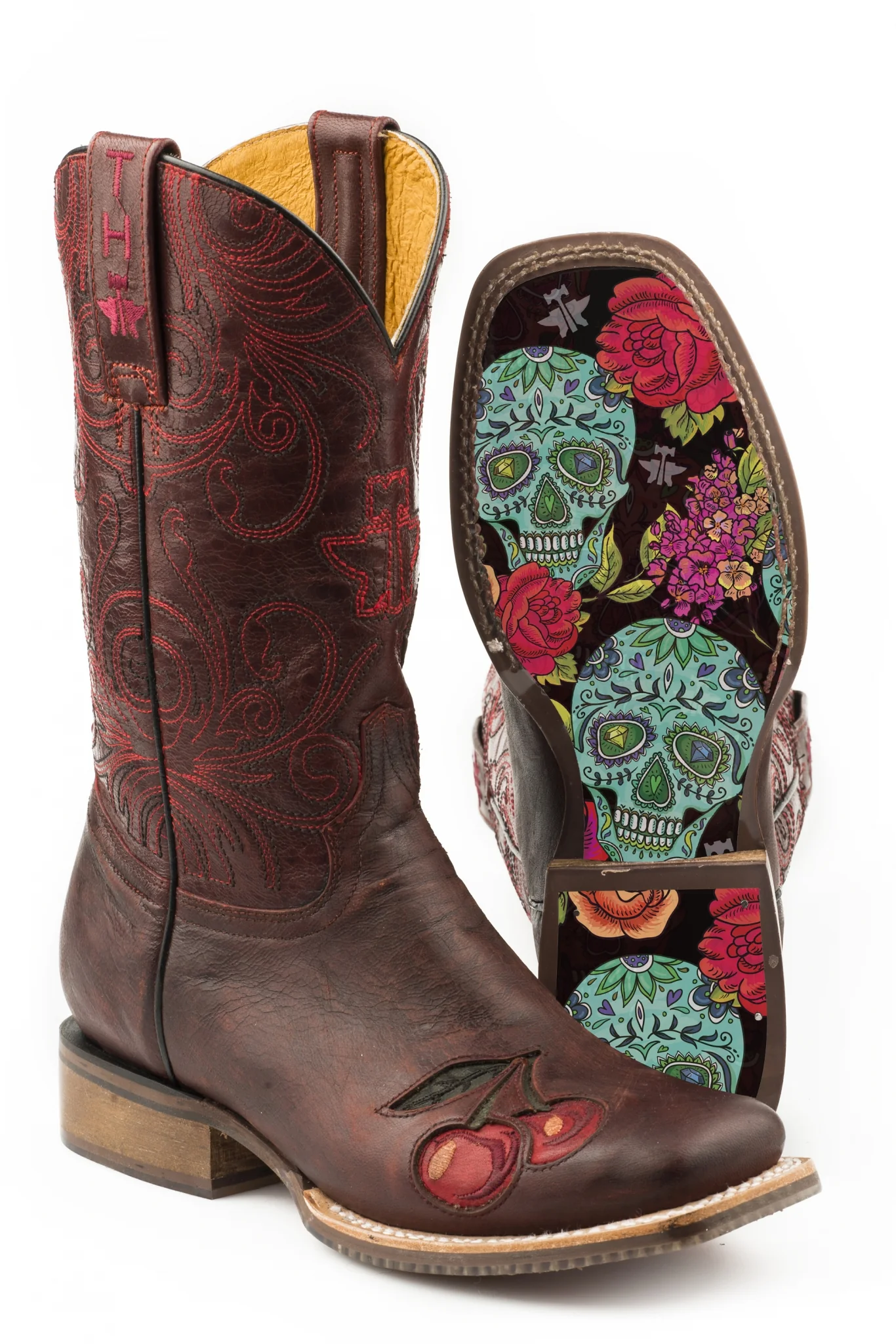 Tin Haul Ladies Square Toe Boots - Mon Cherry with Skull & Roses Sole