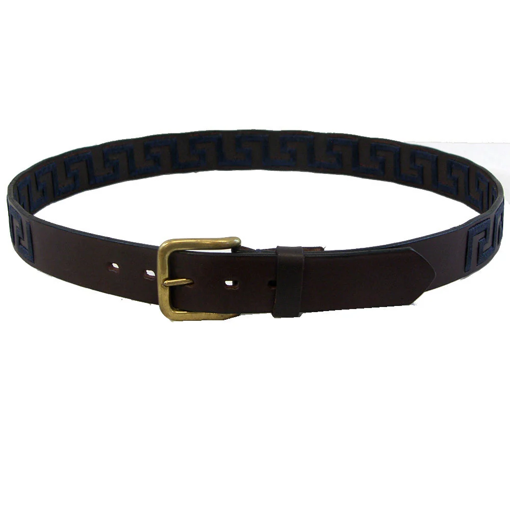 WOW Greek Key Brown Leather Belt -Navy Key